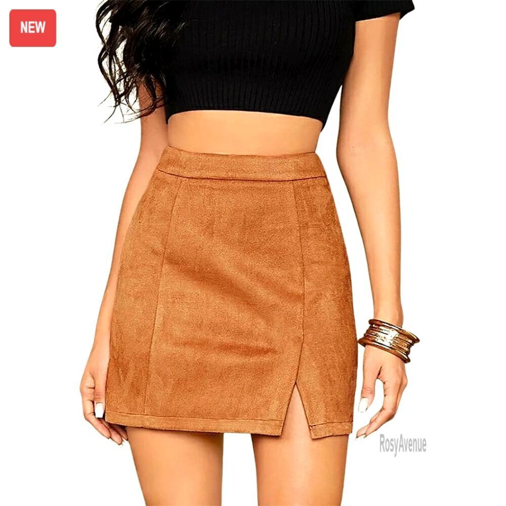 High Waist Faux Suede Bodycon Mini Skirt Side Split Slim Fit